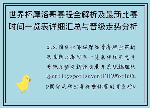 世界杯摩洛哥赛程全解析及最新比赛时间一览表详细汇总与晋级走势分析指南 世界杯摩洛哥赛程全解析及最新比赛时间一览表详细汇总与晋级走势分析指南